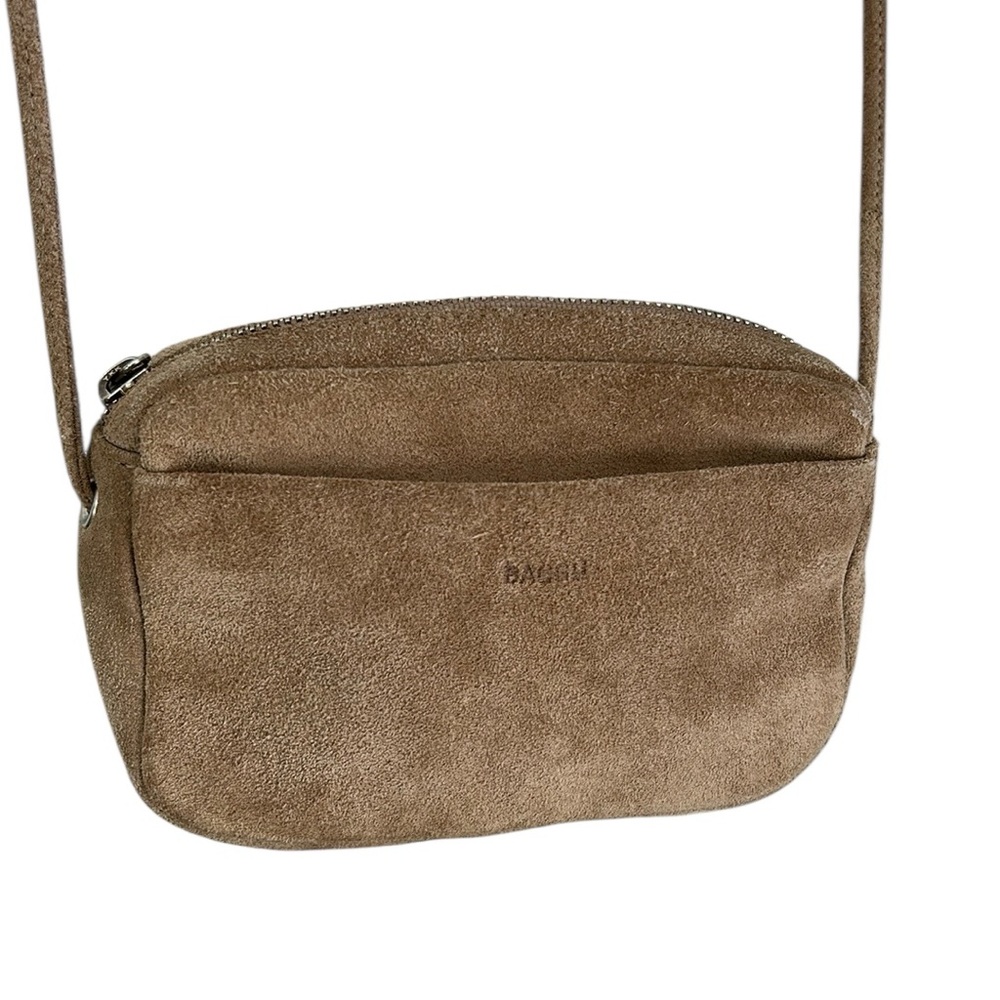 Baggu beige tan “dune” suede shoulder crossbody bag.